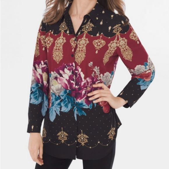 Chico's Tops - Chicos Blouse Top Reversible Floral Polka Dot  Button Up Long Sleeve Oriental